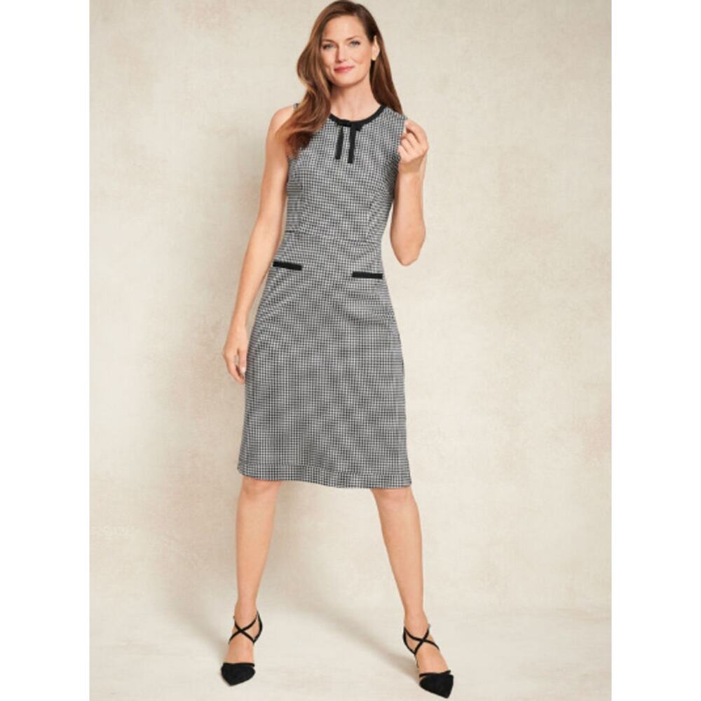 Talbots Tipped Ponte Tie Neck Houndstooth Sheath Dress Black‎ Size 6